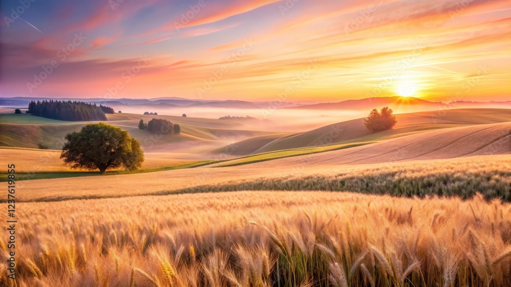 Fototapeta premium Soft pink hues illuminate wheat fields as morning sunrise casts a warm glow on the golden landscape, rolling hills, countryside