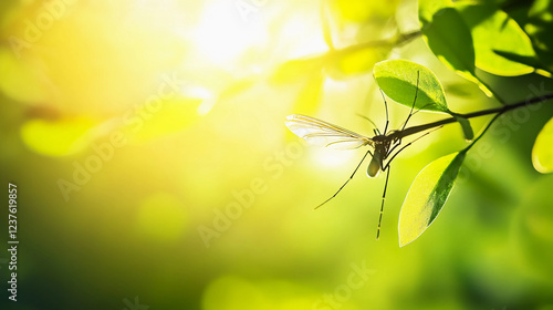 Mosquito in focus against a backdrop of a tropical rainforest, featuring thick greenery, moss-covered trees, and soft sunlight filtering through the canopy. 