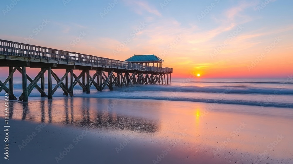 Obraz premium Sunrise pier ocean beach coastal sunrise waves