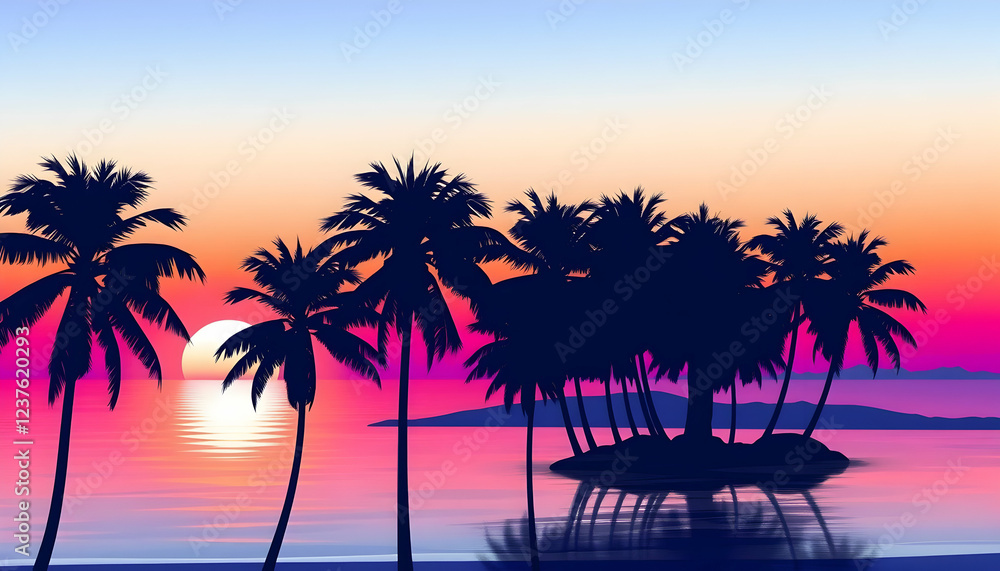 Tropical sunset beach, vibrant pink and purple sky, silhouetted palm trees, golden sun reflection on calm ocean, dreamy paradise landscape, vaporwave aesthetic, digital art style, neon colors, synthwa