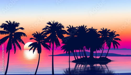 Tropical sunset beach, vibrant pink and purple sky, silhouetted palm trees, golden sun reflection on calm ocean, dreamy paradise landscape, vaporwave aesthetic, digital art style, neon colors, synthwa