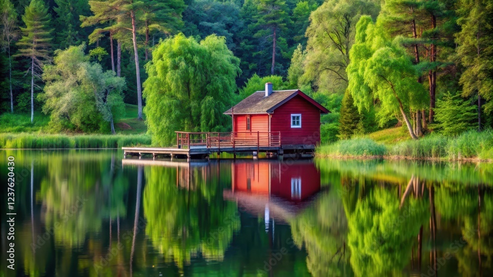 A serene red house standing alone on a calm lake surrounded by lush greenery and tall trees with a wooden dock in the foreground, peaceful, landscape A serene red house standing alone on a calm lake surrounded by lush greenery and tall trees with a wooden dock in the foreground, peaceful, landscape
