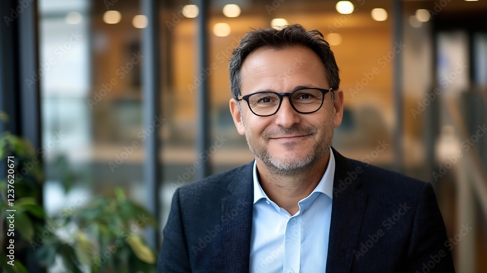 Professional Smiling Businessman in Modern Office Environment with Glass Partitions : Generative AI Professional Smiling Businessman in Modern Office Environment with Glass Partitions : Generative AI