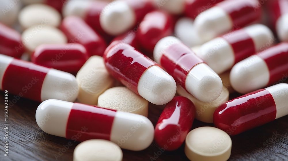 Assorted Red and White Pharmaceuticals on Wooden Surface : Generative AI