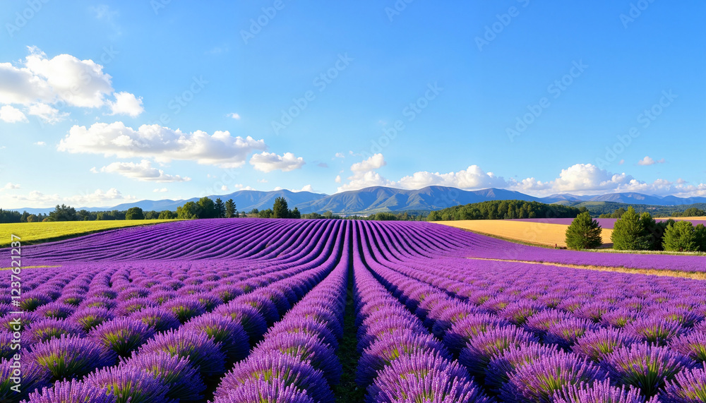 Lavender field under blue sky with mountains in background Lavender field under blue sky with mountains in background