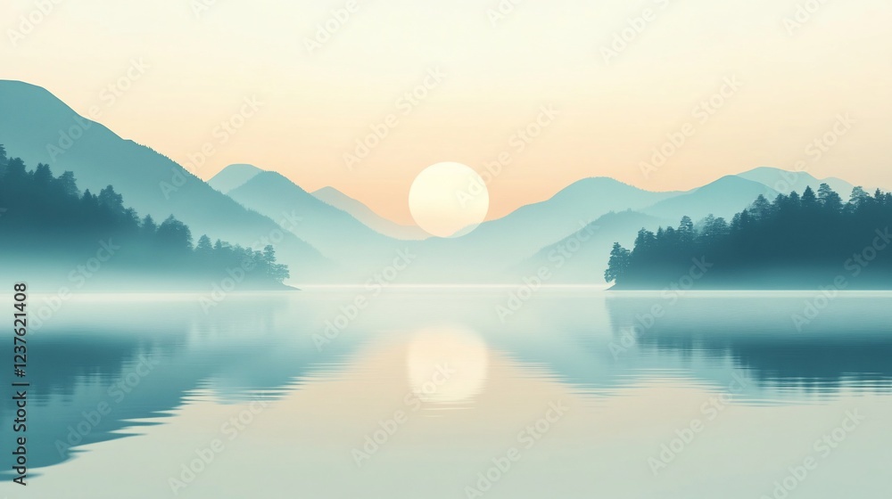 Fototapeta premium Misty mountains and calm lake reflecting the rising sun, a peaceful landscape