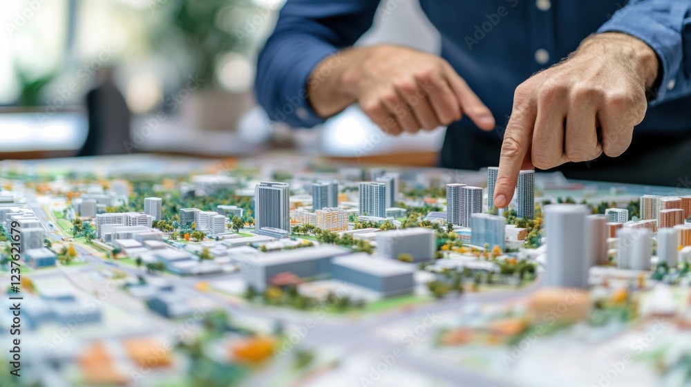 Fototapeta premium An urban planner pointing at a city model, with maps and charts spread out on a table, looking at the camera