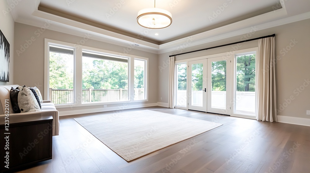 Fototapeta premium Luxurious Living Room with Large Windows Elegant Design and Natural Light : Generative AI