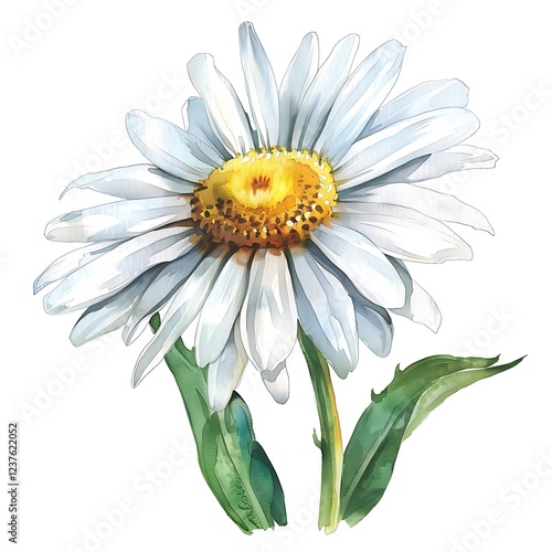 Watercolor White Shasta Daisy Isolated on White Background. Beautiful Shasta Daisy Flower