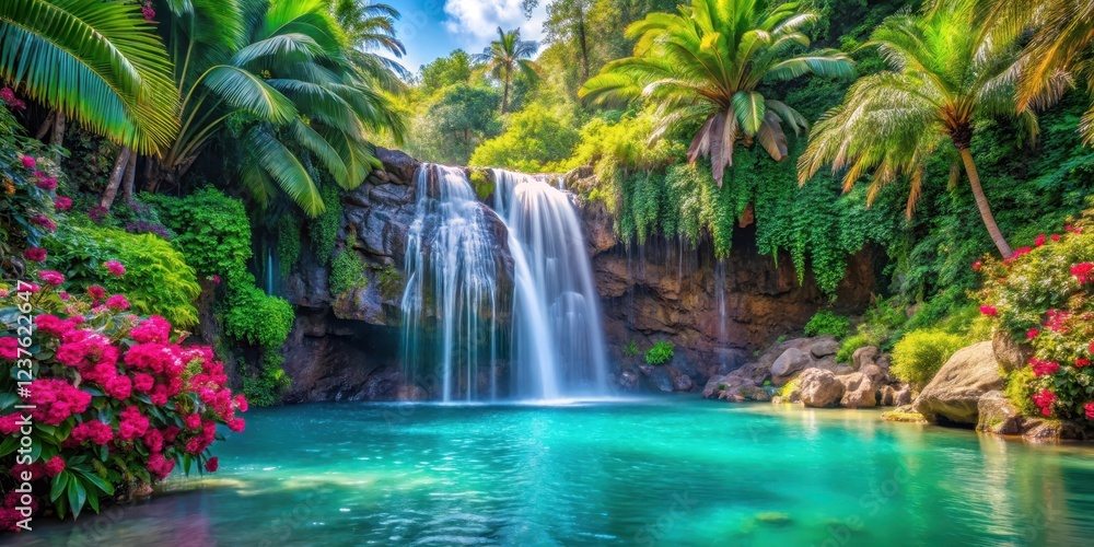 Serene tropical waterfall cascading down a lush green rocky cliff into a tranquil turquoise pool surrounded by swaying palm trees and vibrant exotic flowers, rocks, pool Serene tropical waterfall cascading down a lush green rocky cliff into a tranquil turquoise pool surrounded by swaying palm trees and vibrant exotic flowers, rocks, pool