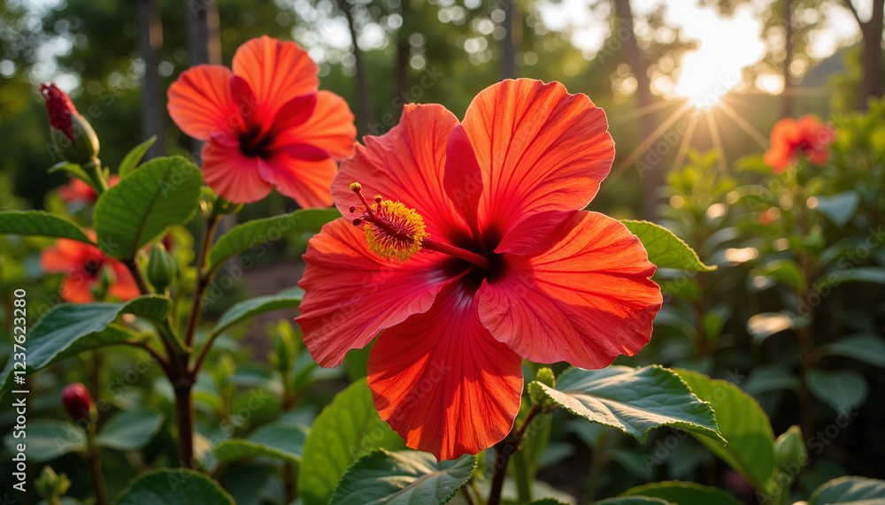 Obraz premium Hibiscus flowers blooming in vibrant sunlight