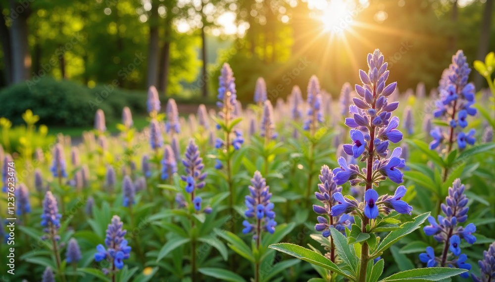 Obraz premium Purple flowers blooming in a sunlit garden