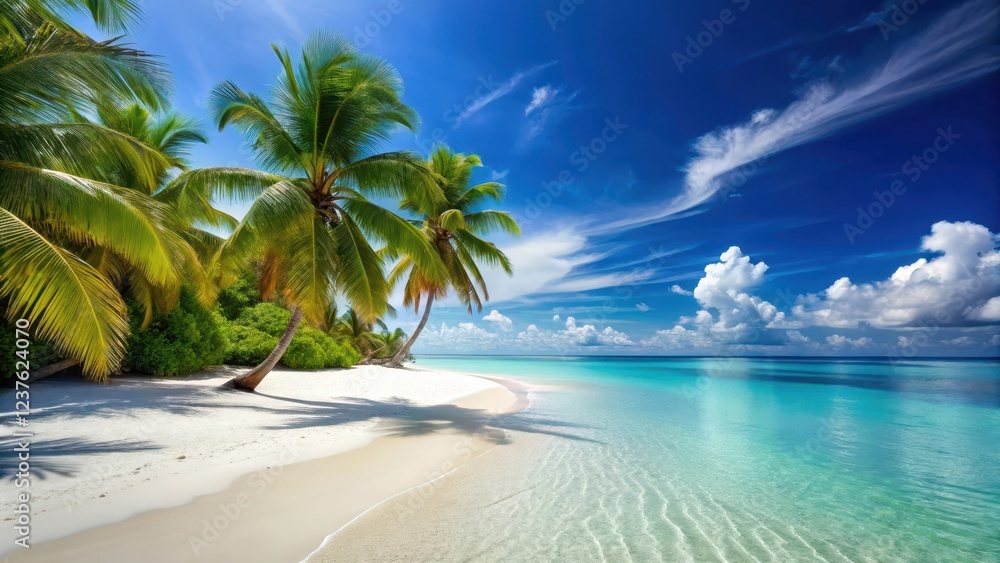 Obraz premium Serene beach scene with shallow footprints on pristine white sand, surrounded by swaying palm trees and crystal-clear turquoise waters , natural beauty, shallow footprints