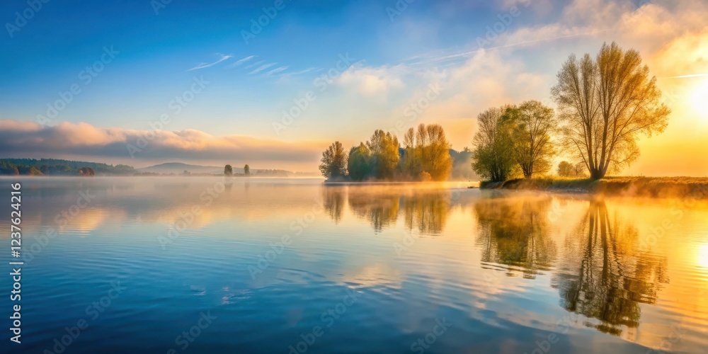 Obraz premium A serene lake scene at dawn with mist rising from the water and sunlight reflecting off the calm surface of the Bodensee lake in the spring morning, spring sunrise, bodensee lake