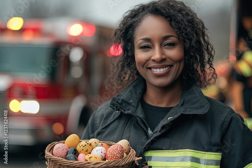 Brightly smiling woman in firefighter uniform holds colorful Eas photo