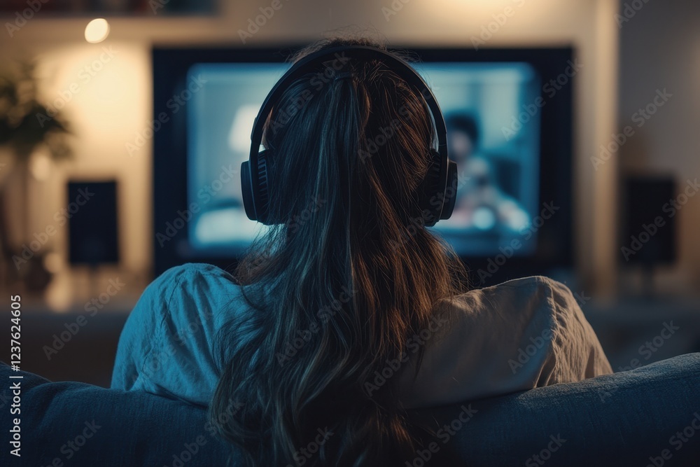 Naklejka premium Woman on sofa wearing headphones has a video call for remote work to avoid virus spread