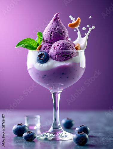 Blueberry ice cream with fresh blueberries, ice cubes, nuts, mint leaves, and splashing milk cream
