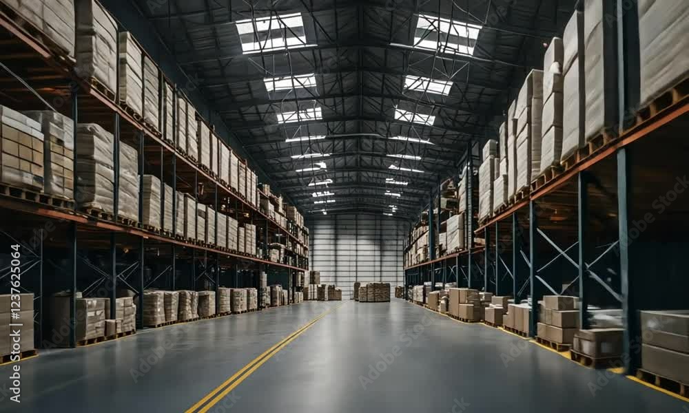 Large warehouse interior with stacked cardboard boxes on pallets. Large warehouse interior with stacked cardboard boxes on pallets.