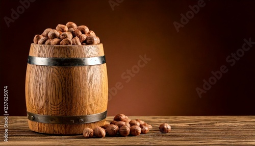 Kelisa Nuts in a barrel on the table, isolated brown background, copy space photo