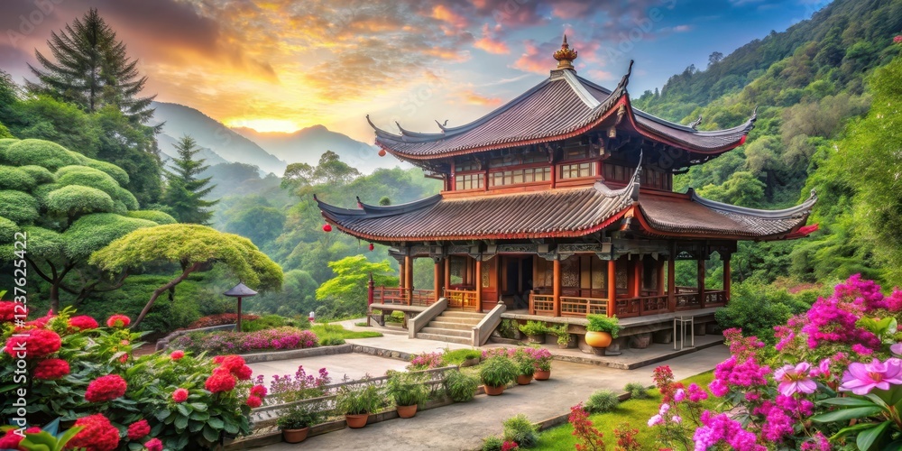 Obraz premium Serene Chinese temple amidst lush greenery with vibrant flowers and tranquil ambiance