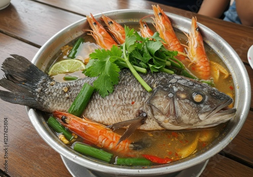 tom yum snakehead fish hot pot thai food photo