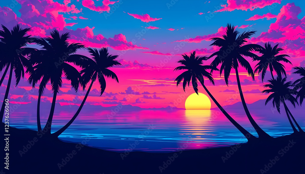 Tropical sunset, silhouetted palm trees, vibrant pink and purple sky, reflective ocean, island horizon, neon colors, synthwave aesthetic, retro 80s style, digital art, dramatic lighting, symmetrical c Tropical sunset, silhouetted palm trees, vibrant pink and purple sky, reflective ocean, island horizon, neon colors, synthwave aesthetic, retro 80s style, digital art, dramatic lighting, symmetrical c