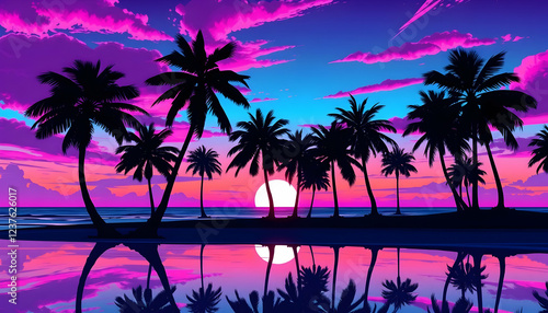 Tropical sunset, silhouetted palm trees, vibrant pink and purple sky, reflective ocean, island horizon, neon colors, synthwave aesthetic, retro 80s style, digital art, dramatic lighting, symmetrical c