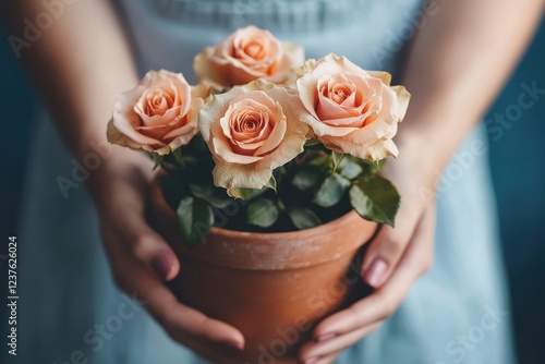 Woman s hands holding a potted rose bush at home relating to gardening and flowers photo