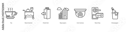 Value Essentials Icon Sheet Tea, Room Service, Check Out, Skyscrapers, Cctv Camera, Room Key, Champagne