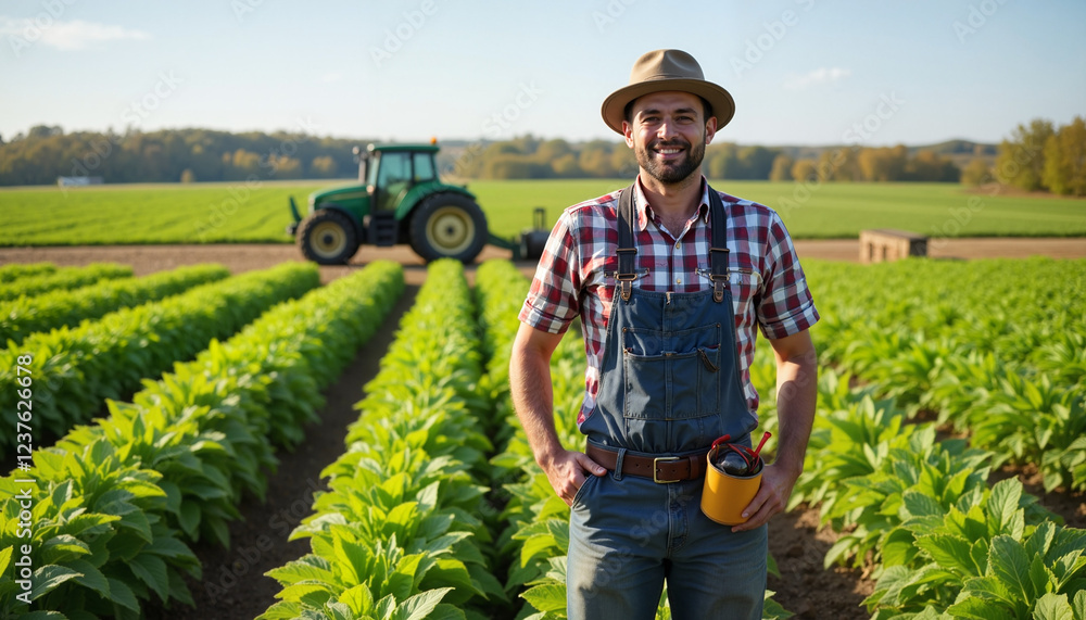 Fototapeta premium Smiling farmer holding tools in tobacco field with tractor background