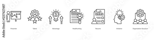 Virtualization Access Icon Sheet Presenter, Talent, Advantage, Headhunting, Resume, Initiative, Organization Structure