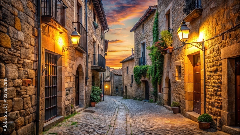 Fototapeta premium Narrow cobblestone street lined with ancient stone buildings and rustic lanterns at sunset, historical architecture, cobblestone road