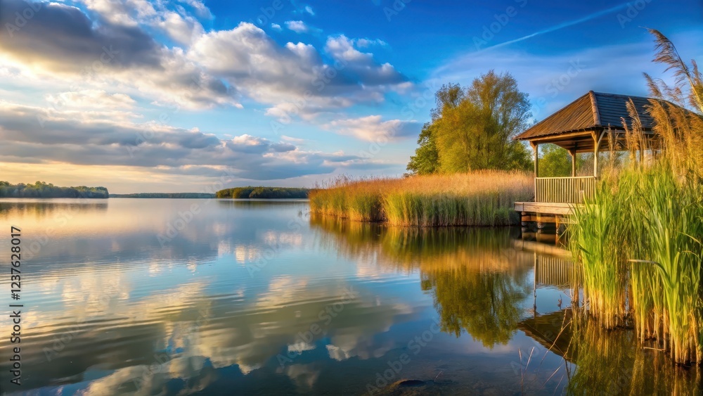 Obraz premium Serene lake shore at Ruhiges Seeufer am Scharm?tzelsee in Brandenburg with reeds and a covered sky, serene lake, scharm?tzelsee