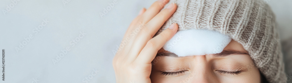 person wearing knitted hat holds cold pack against their forehead, showing signs of discomfort. This conveys sense of relief and care during illness
