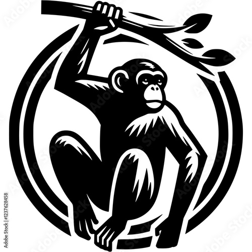 Tattoo of macaque sits on branch and looks forward in monochrome. Anthropoid ape. Engraving minimalistic vector in black ink drawing on transparent background