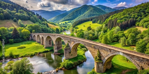 Ancient stone bridge spanning Mura River in scenic valley surrounded by lush green forests and rolling hills photo