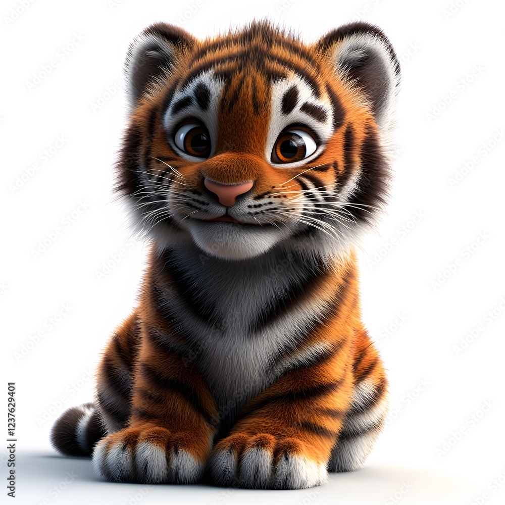 Fototapeta premium 3d cartoon tiger, very clean clear white background