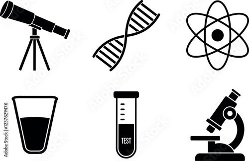 Science and Research Icon Set. Featuring Microscope, Test Tube, Atom, Beaker, DNA Helix, and Telescope