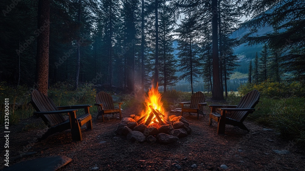 Camping chairs arranged around a blazing campfire, surrounded by tall pine trees Camping chairs arranged around a blazing campfire, surrounded by tall pine trees