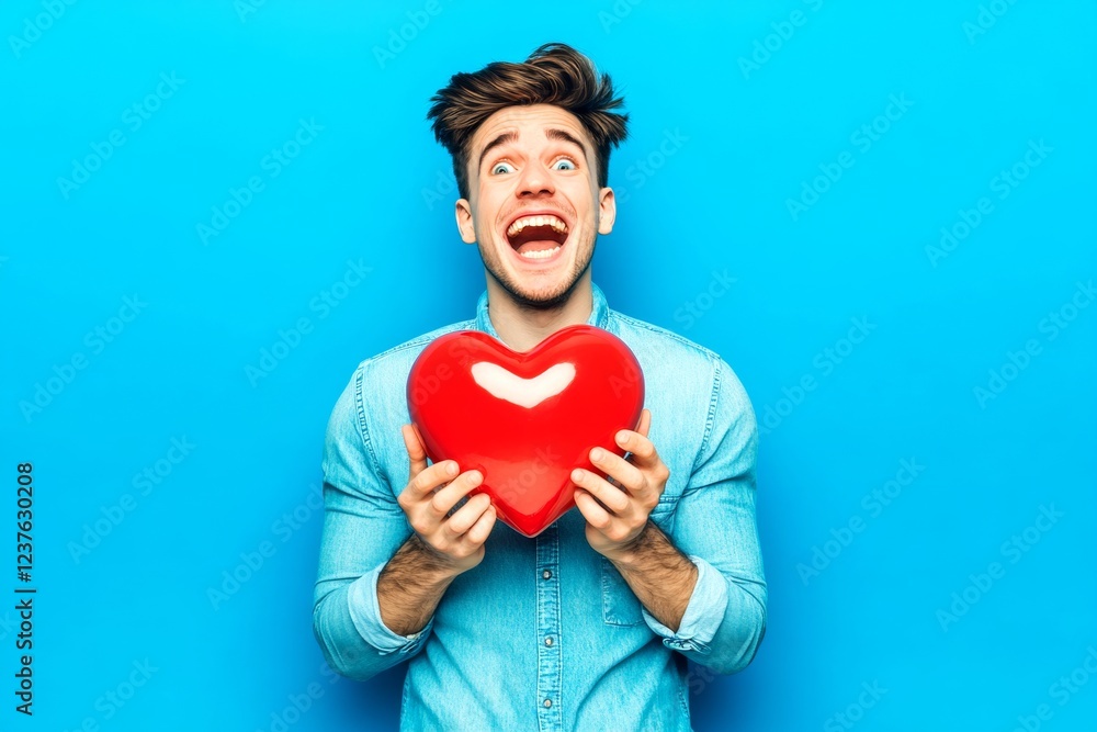 Sign of love and affection. Youth valentine's day greeting card: young man with happy face holds red heart in hands. Commercial creative. Couple holding hands. Love concept. Sign of love and affection. Youth valentine's day greeting card: young man with happy face holds red heart in hands. Commercial creative. Couple holding hands. Love concept.