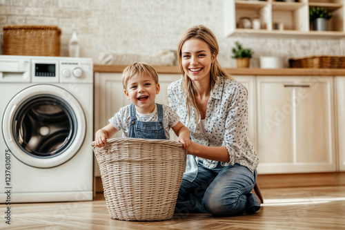 Mother and Child Enjoying Laundry Time