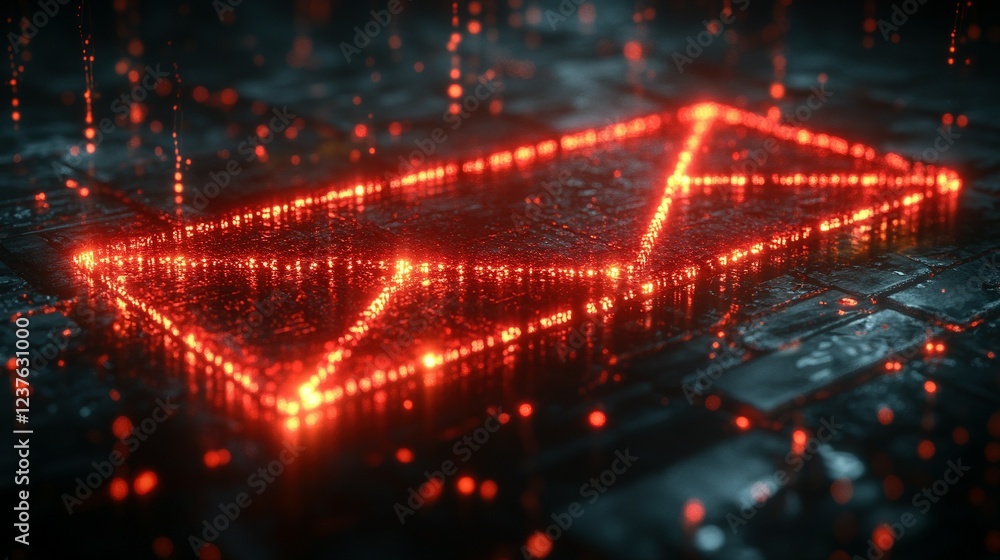 Digital Email Icon Glows Red On Dark Surface Digital Email Icon Glows Red On Dark Surface