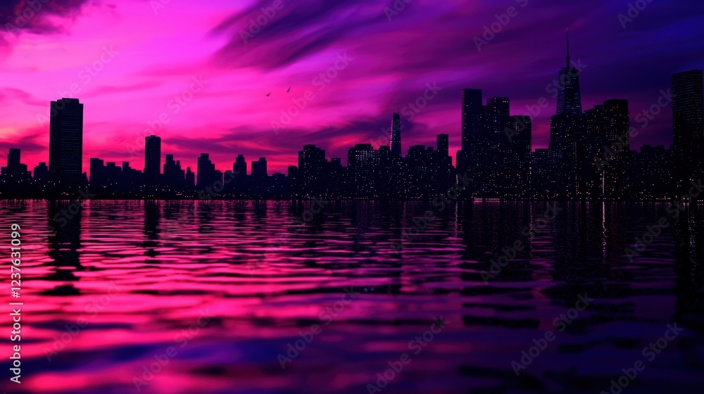 Fototapeta premium Vibrant City Skyline Reflected in Water During Sunset with Dramatic Purple and Orange Skies