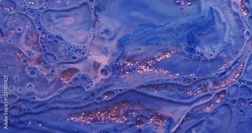 Oil pigment. Bubble paint. Blue violet art emulsion mix layer flow. Pink glitter fizz liquid dust abstract background fantasy water texture.