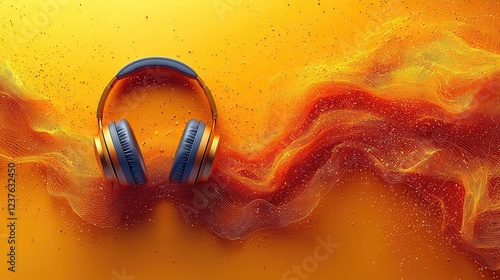 Blue headphones on a vibrant yellow background with flowing orange fabric. photo