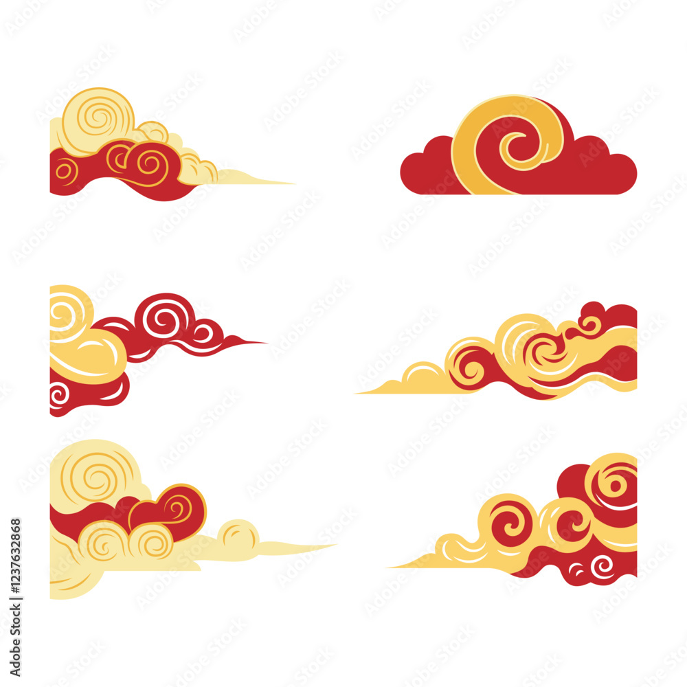 Set of Golden Red Wavy Chinese Japanese Cloud Ornament Decoration Set of Golden Red Wavy Chinese Japanese Cloud Ornament Decoration