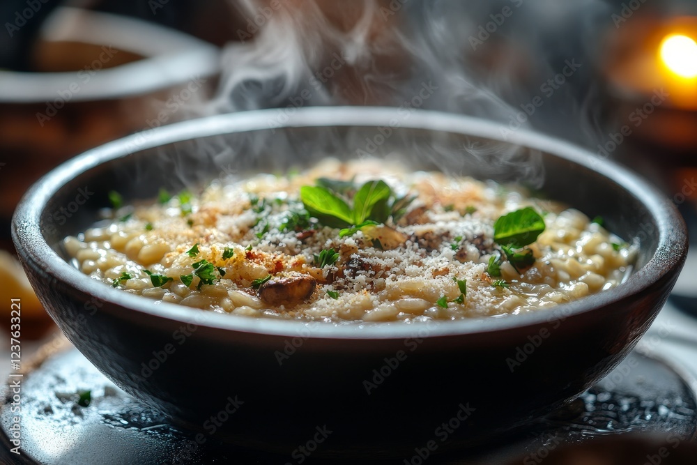 Steaming risotto, herbs, rustic setting, candlelight dinner Steaming risotto, herbs, rustic setting, candlelight dinner
