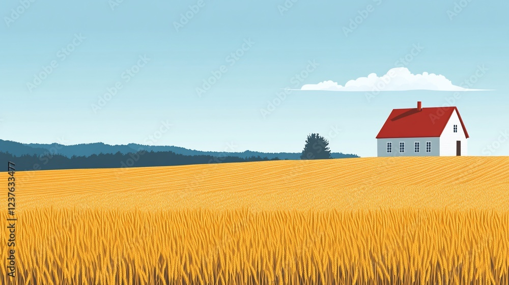 Rural landscape with a house and wheat field under a blue sky and a single cloud