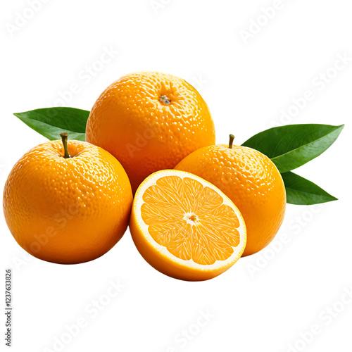 orange with leaves, Fresh and juicy oranges and orange slices with green leaves on a transparent background.