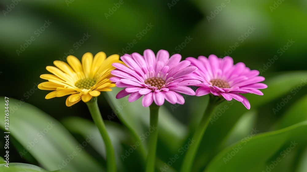 Obraz premium A vibrant trio of colorful daisies blooms vividly against lush green foliage, showcasing nature's beauty and liveliness.